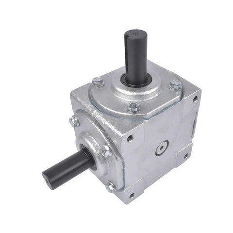 Beefy 40 HP Right Angle Bevel Gearbox With 2 Keyed Shafts 1 To 1 Cast Iron, shown from a top-side angle view with black shafts
