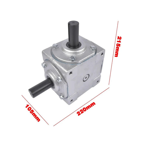 Front view of a Beefy 40 HP Right Angle Bevel Gearbox With 2 Keyed Shafts 1 To 1 Cast Iron, dimensions marked in millimeters.