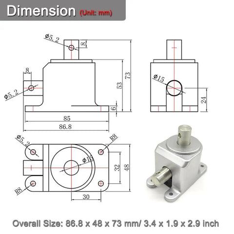 Right Angle Bevel Gearbox 1.5 Module 20 Teeth 90 Degree Drive Shaft 15mm For DIY with dimensions and schematic view