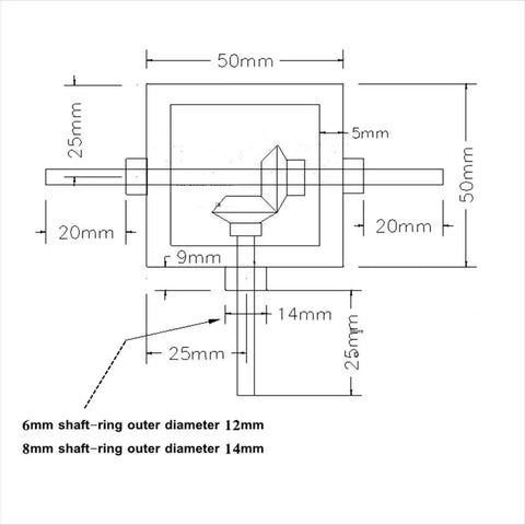 Technical diagram of Right Angle Bevel Gearbox 1 Module 20 Teeth 90 Degree Drive For DIY Nerds showing dimensions and shafts.