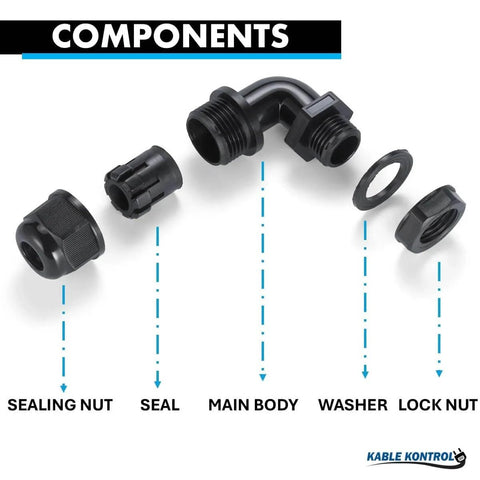 Components of Half Inch Right Angle Cable Gland 14 NPT 20 Pack Nylon Cord Grip And Strain Relief Built Tough Waterproof
