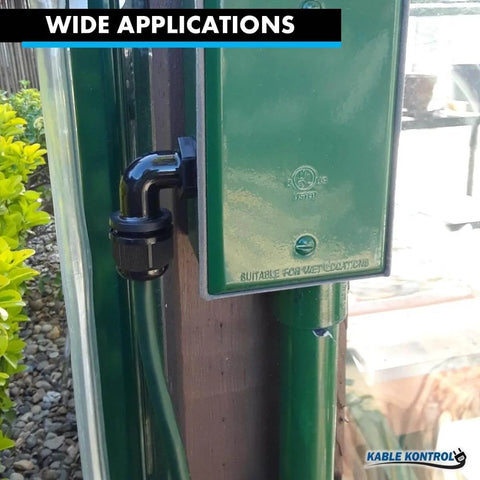 Half Inch Right Angle Cable Gland 14 NPT 20 Pack Nylon Cord Grip And Strain Relief installed on green enclosure