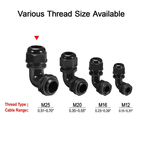 Various thread size cable glands including M25 Cable Gland 90 Degree Adjustable Right Angle Strain Relief For 13 To 18mm Cables