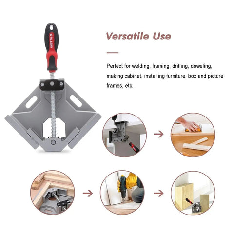 Two Pack 90 Degree Right Angle Corner Clamp For Woodworking With Adjustable Aluminum Alloy Swing Jaw, Durable Aluminum Die Cast Construction, uses illustration