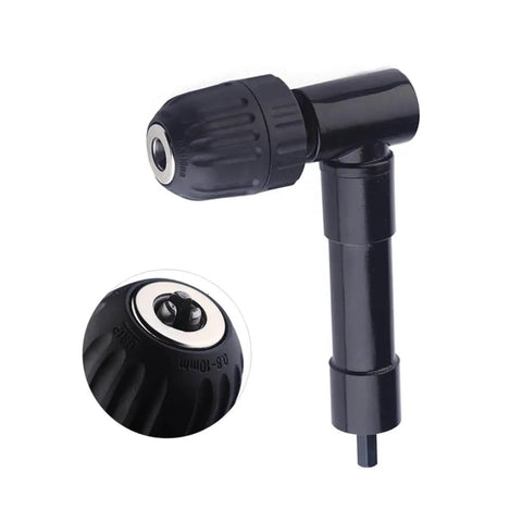 Right Angle Drill Attachment For Tight Spaces 90 Degree Cordless Drill Adapter With 1500 RPM And 25 Nm Torque Fits Most Hand And Electric Drills Easy To Install Angled Extension Tool For Hard To Reach Work, black metal design, close-up view.