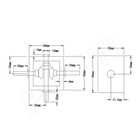 Technical diagram of 1:1 Right Angle Bevel Gearbox 1.5 Module 20 Teeth with 10mm Shaft showing dimensions and layout.