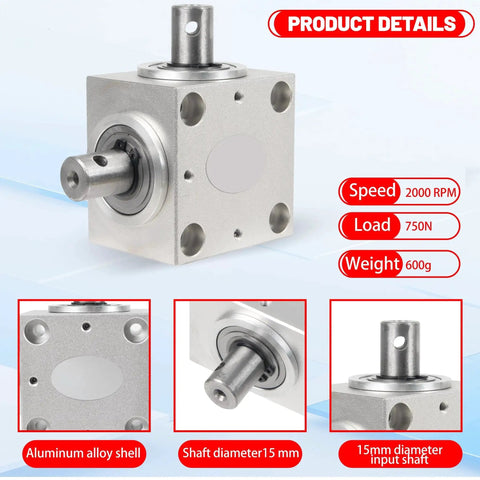 Right Angle Gearbox 90 Degree Drive 1 To 1 Torque 15mm Shaft Aluminum Housing with product details and close-up view.