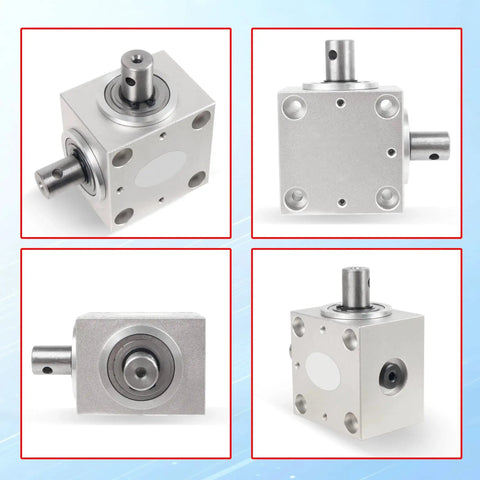 Right Angle Gearbox 90 Degree Drive 1 To 1 Torque 15mm Shaft Aluminum Housing, multiple views showing design and materials.