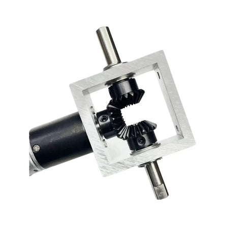 Right Angle Gearbox Kit With Two Reverse Output Shafts And 24V DC Motor Drive, showing dual shafts and aluminum casing