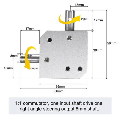 Tapered Bevel Gear Box 1to1 With Right Angle Drive Shafts 8mm 20 Teeth For Diy, showing aluminum frame and SS shaft dimensions.