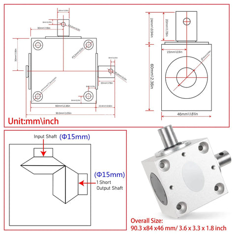 Technical drawing and perspective view of Right Angle Gearbox 90 Degree Drive 1 To 1 Torque 15mm Shaft Aluminum Housing
