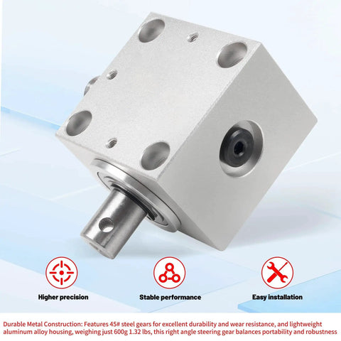 Right Angle Gearbox 90 Degree Drive 1 To 1 Torque 15mm Shaft Aluminum Housing, highlighting steel construction and compact design.