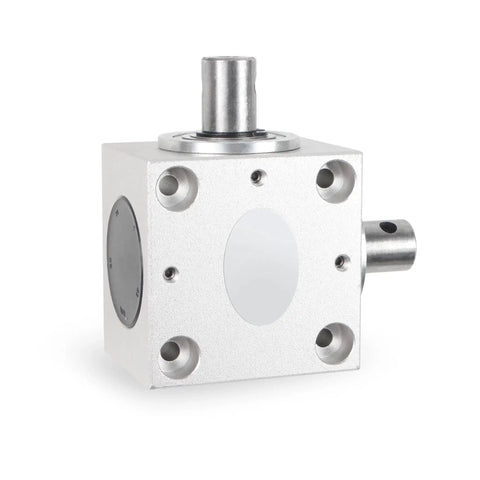Right Angle Gearbox 90 Degree Drive 1 To 1 Torque 15mm Shaft Aluminum Housing front view with visible shafts