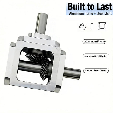 Right Angle Gearbox Bevel Drive OneToOne 10mm Output Shafts Al Frame ProGrade, visible aluminum frame, and steel shaft.