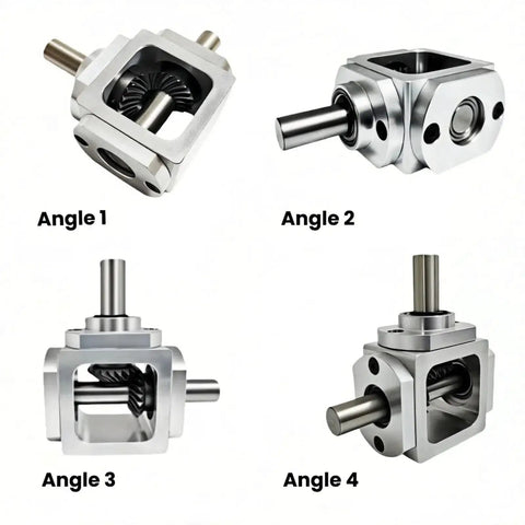 Right Angle Gearbox Bevel Drive OneToOne 10mm Output Shafts Al Frame ProGrade in various angles showing aluminum frame and bevel gears