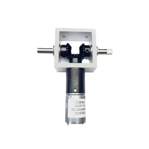 Right Angle Gearbox Kit With Two Reverse Output Shafts And 24V DC Motor Drive, front view showing dual output shafts and motor.