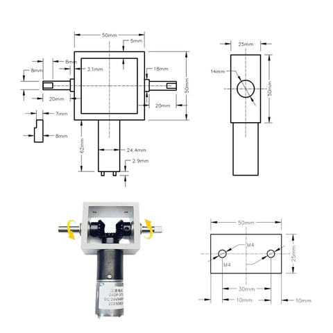 Right Angle Gearbox Kit With Two Reverse Output Shafts And 24V DC Motor Drive with technical diagram and specifications