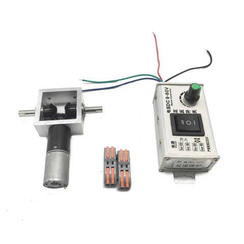 Right Angle Gearbox Kit With Two Reverse Output Shafts And 24V DC Motor Drive, controller, connectors.