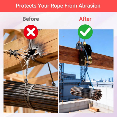 90 Degree Right Angle Lifting Pulley System For Material Handling And Construction, Heavy Duty Alloy Steel With Dual Hooks And Steel Bearing Roller, Abrasion Resistant Rope Guide To Protect Loads And Edges, Rope Not Included, installed comparison before and after