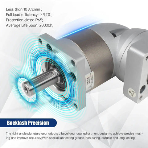 Right Angle Planetary Gearbox For Nema23 Stepper Motor 7:1 Reducer 14mm Output, close-up view with IP65 protection details