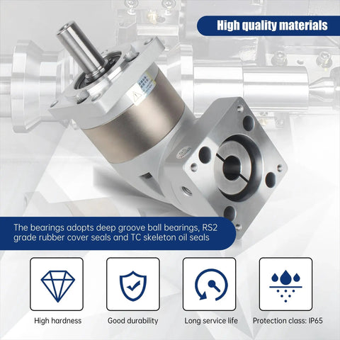 Front view of Right Angle Planetary Gearbox For Nema23 Stepper Motor 7:1 Reducer 14mm Output with metal frame and seals.