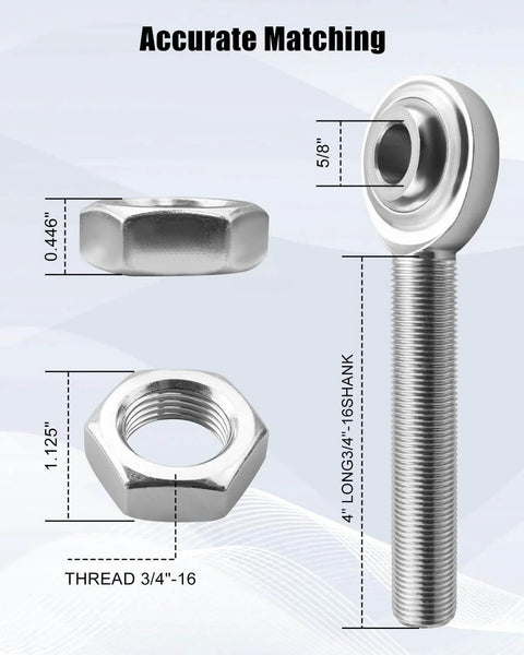 3/4 inch right hand shank Heim joint rod end with jam nut, 5/8 inch bore and 4 inch length, precision ground bearing, dimensions shown