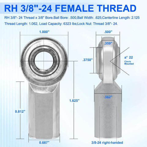 RH 3/8"-24 female thread heim joint with dimensions, ball bore 0.500, ball width 0.625, carbon steel, for precision motion control.