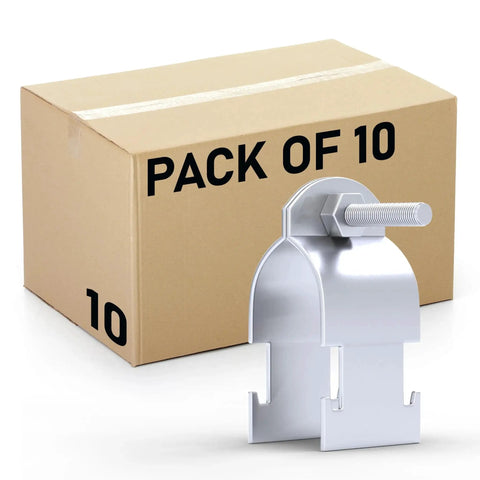 2 Inch Rigid Conduit Clamp Pack Of 10 In Galvanized Steel For Strut Channel With Quick Twist In Install, shown with packaging