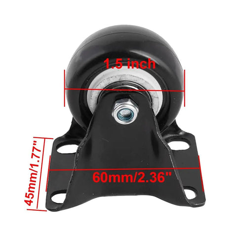 Front view of a 1.5 inch rigid fixed top plate caster wheel, showing 45x60 mm square plate dimensions, part of set of four non swivel wheels.