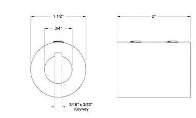 Technical drawing of a rigid shaft coupler with a 3/4 bore, 1-1/2 inch outer diameter, 2 inch length, featuring detailed dimensions.