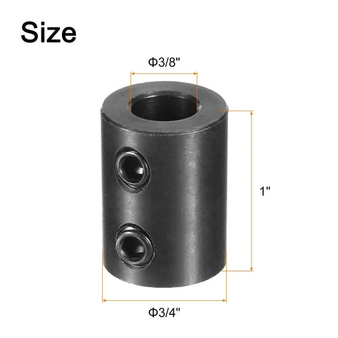 Rigid shaft coupling with a 3/8 inch bore, 3/4 inch outer diameter, and 1 inch length with two set screws shown in black finish