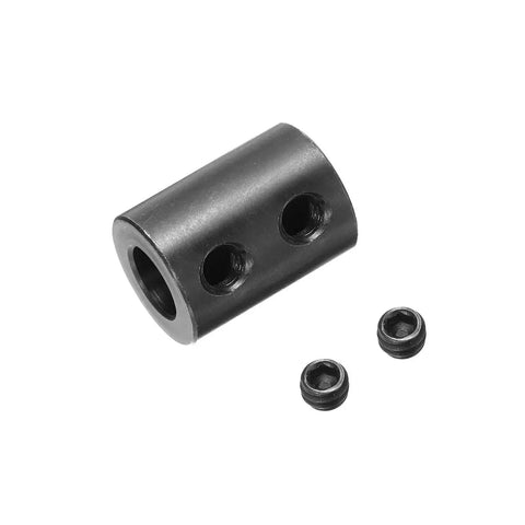 Rigid shaft coupling with a 3/8 inch bore, 3/4 inch outer diameter, and 1 inch length uses two set screws for secure shaft linkage.
