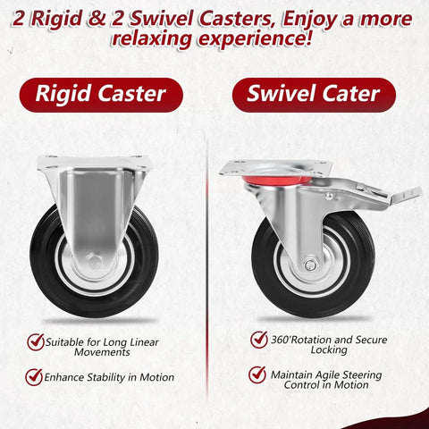 Rigid and swivel casters comparison for 3 Inch Heavy Duty Caster Wheels Set Of 4 With Brakes, 360 Degree Swivel Locking Casters In Non Marking Polyurethane Rubber.