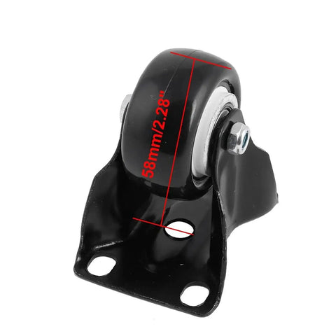 Close-up of a rigid fixed top plate caster wheel showing 58mm height, part of set of four 1.5 inch polyurethane wheels for various surfaces.