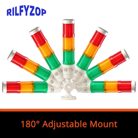 Industrial Signal Tower Light With Red Green And Yellow LED Indicators Built In Buzzer For Clear Alerts In Noisy Environments High Brightness 110 To 120V AC Durable Design Ideal For Industrial Equipment Alarms Rilfyzop T50 2WJB with 180 degree adjustable mount.