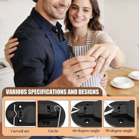 Couple with Ring Bender Kit for Spoon Rings 3 in 1 Jewelry Saw Bow and Measuring Tool; various bending specifications shown.