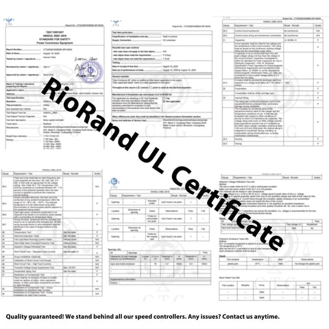 RioRand UL Certificate with text overlay, multiple document pages displaying certification details and data tables.