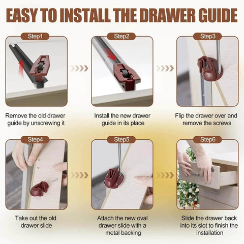 Instructions for installing the Upgrade Rite-Trak II Replacement 5 Set Drawer Guide Kit with detailed step-by-step images.
