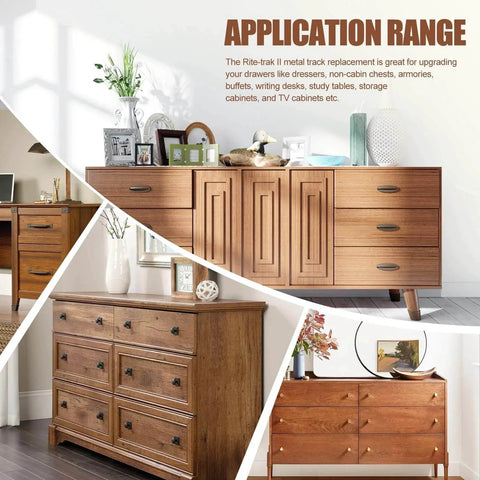 Wooden dressers and cabinets showcasing Upgrade Rite-Trak II Replacement 5 Set Drawer Guide Kit application range.