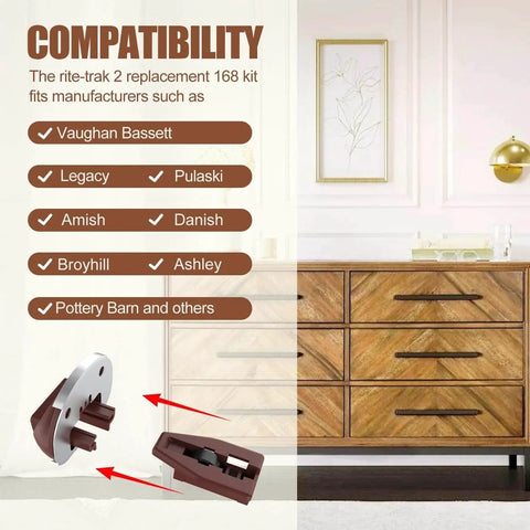 Upgrade Rite-Trak II Replacement 5 Set Drawer Guide Kit shown with compatible dresser brands.