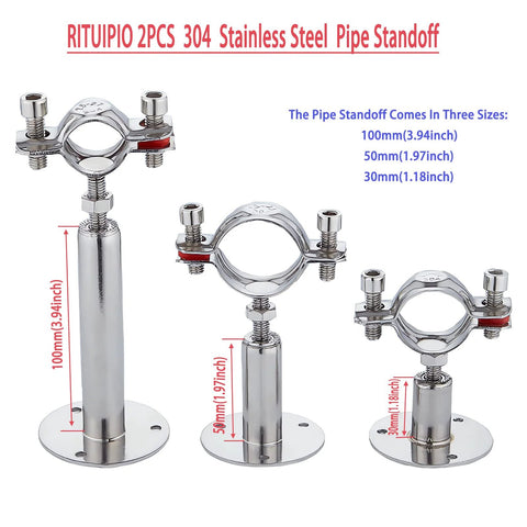 RITUIPIO 2Pcs wall and ceiling pipe standoff clamps, 304 stainless steel, adjustable height 30–60mm, fits 15–19mm OD pipes