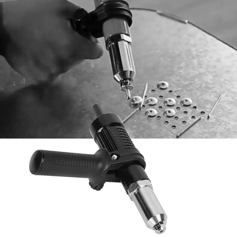 Rivet Gun Adapter For Electric Drill With Vertical Grip, High Hardness Alloy Steel Forged Head, shown riveting metal