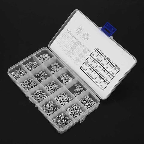 Rivet Nut Assortment Kit 300Pcs With 15 Sizes, Pro Grade Pressure Riveting Nuts in clear storage box with size chart visible