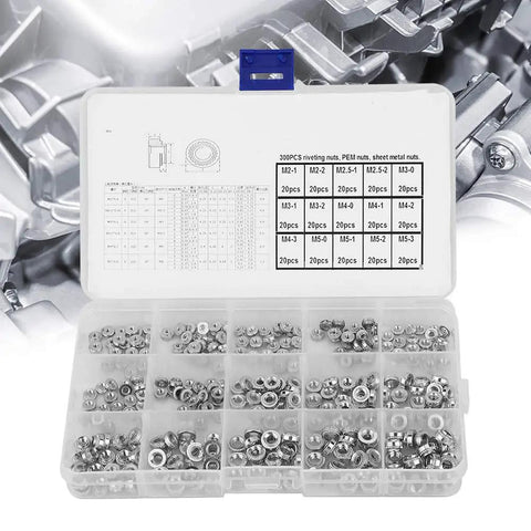Rivet Nut Assortment Kit 300Pcs With 15 Sizes, Pro Grade Pressure Riveting Nuts in clear storage box, detailing included.