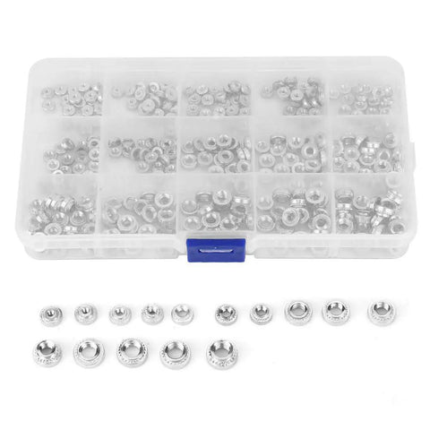 Rivet Nut Assortment Kit 300Pcs With 15 Sizes in storage box, featuring pro grade pressure riveting nuts for automotive and DIY projects.