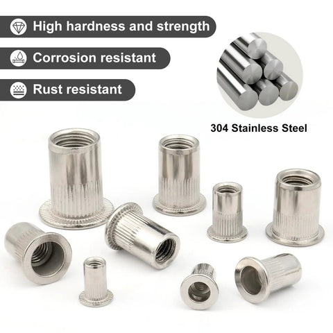 Rivet Nut Kit 80 Piece SAE Fastener Assortment For Auto And Metalworking With 8-32 10-24 1/4-20 5/16-18 3/8-16 304 Stainless Knurled Flat Head Rivnuts VGBUY VG30528 on white background.