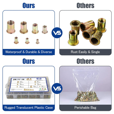 Comparison of Beefed Up 915 Piece Rivet Nut Kit With SAE UNC Rivet Nuts in zinc-plated steel vs others in plastic and bag packaging.