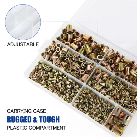 Beefed Up 915 Piece Rivet Nut Kit With SAE UNC Rivet Nuts Assortment in adjustable storage compartments
