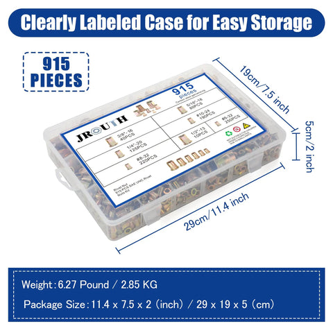 Beefed Up 915 Piece Rivet Nut Kit With SAE UNC Rivet Nuts Assortment in Sizes 6 32 8 32 10 24 with labeled storage box