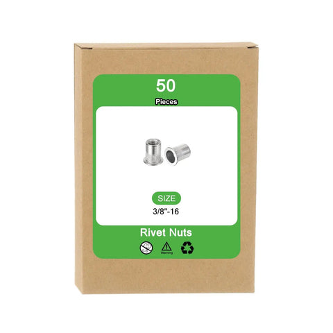 Rivet Nut Set Flat Head 3/8-16 Stainless Steel 304 Threaded Inserts Knurled Body, 50 pcs in brown box packaging